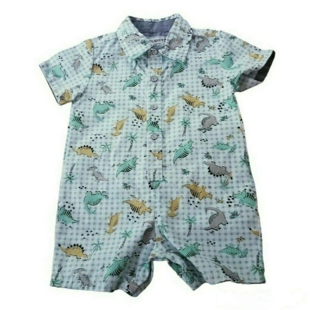 NWT Free Planet Cotton Gingham Dinosaur Romper 6-9M